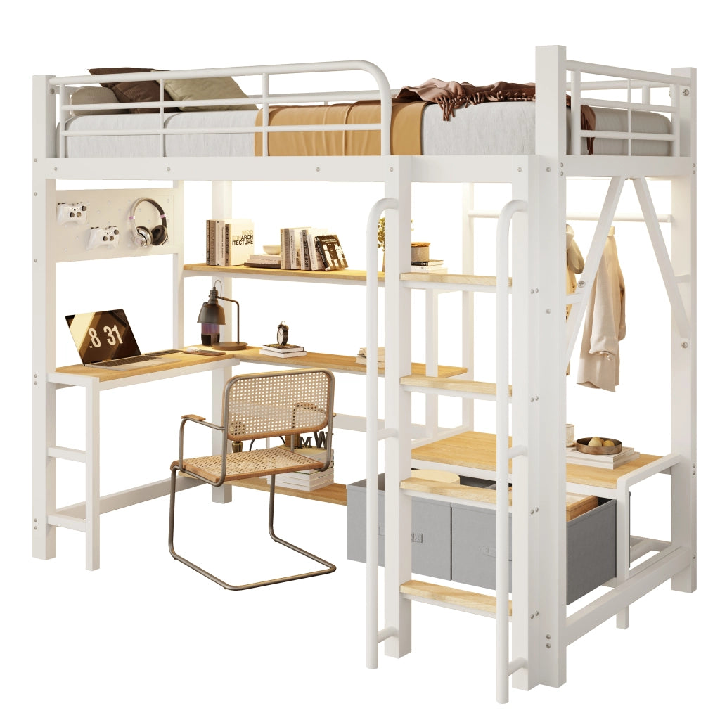 Letto a soppalco 90x200 cm con scrivania; USB; pegboard; cassetti in tessuto; ripiani; appendiabiti e LED; metallo bianco