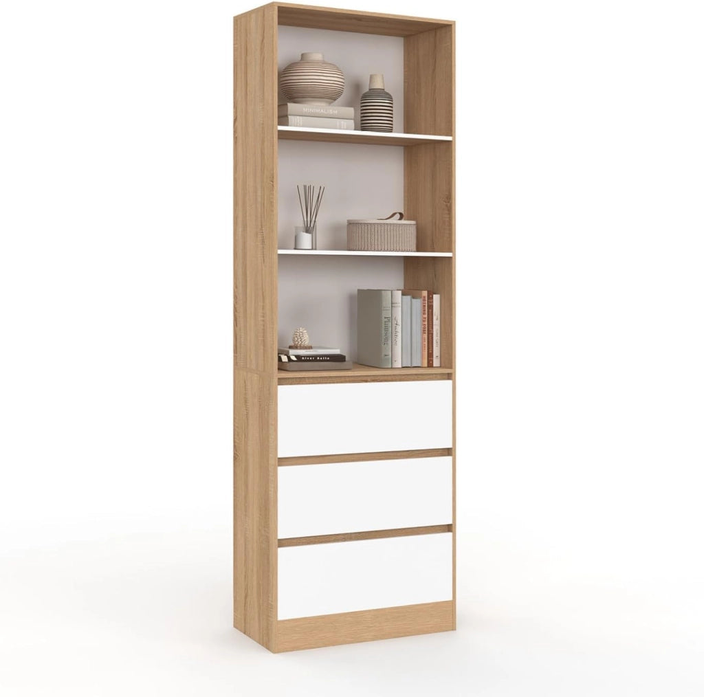 CARLA Libreria a 3 livelli con 3 cassetti bianchi ed effetto legno H.190 cm