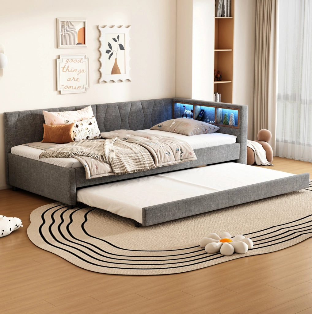 Letto Daybett 90x200 cm in lino e MDF grigio con divano letto estraibile, prese USB e LED multicolore