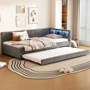 Letto Daybett 90x200 cm in lino e MDF grigio con divano letto estraibile, prese USB e LED multicolore