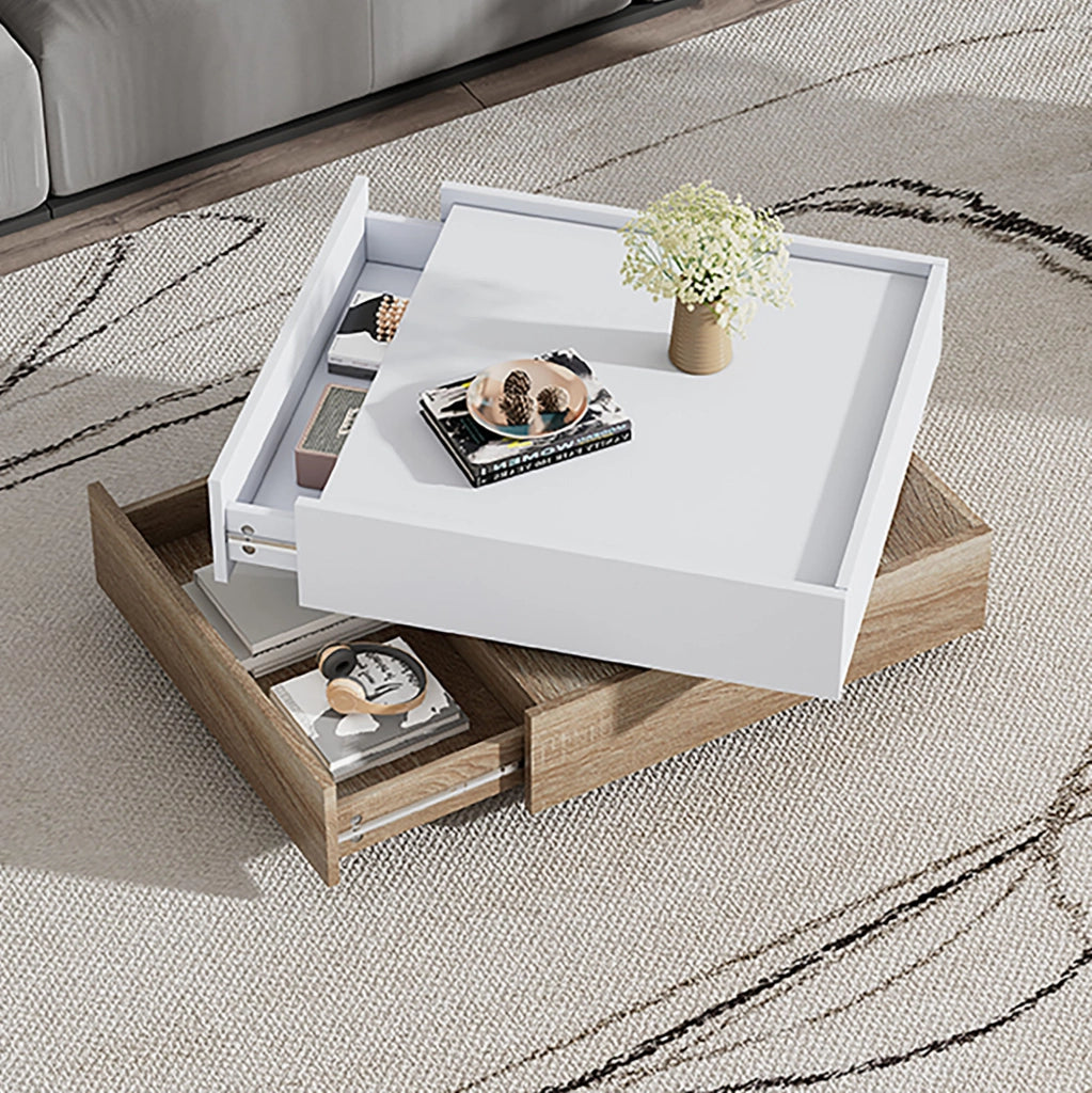 Tavolino da salotto girevole a 360° con 2 cassetti; 60x60x38 cm; bianco e noce