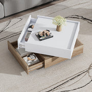 Tavolino da salotto girevole a 360° con 2 cassetti; 60x60x38 cm; bianco e noce