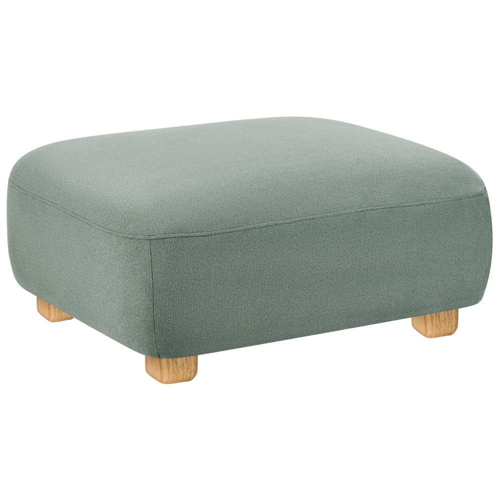Pouf ottomano rettangolare imbottito in tessuto verde chiaro idrorepellente, modulo divano con gambe in legno, modello moderno monoposto