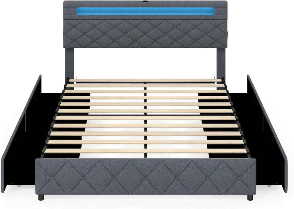 Telaio Letto Matrimoniale 140x200 / 160x200 cm con LED, Porte USB, Testiera e Cassetti Regolabili, Capacità di Carico 500 kg, Colore Grigio