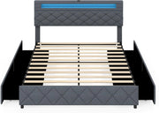 Telaio Letto Matrimoniale 140x200 / 160x200 cm con LED, Porte USB, Testiera e Cassetti Regolabili, Capacità di Carico 500 kg, Colore Grigio