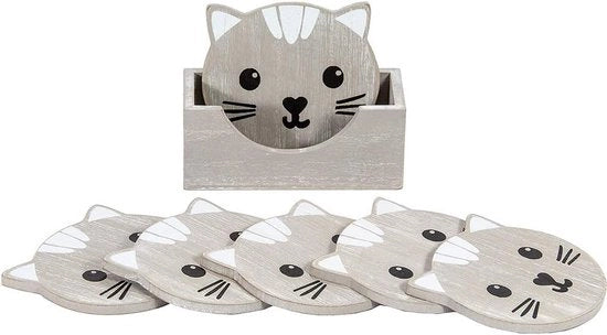 Sostegni per bicchieri in vetro, 6 pezzi, sostegni in legno con alloggiamento per tazze e tazze, set di tappeti da tavola con disegno gatto, regali per amanti dei gatti, grigio