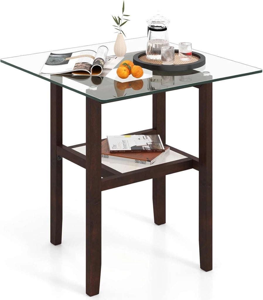 Tavolino Quadrato in Vetro, Tavolino Laterale con 2 Ripiani e Struttura in Legno di Gomma, Tavolo Moderno per Soggiorno, Casa e Ufficio, 61 x 61 x 62,5 cm