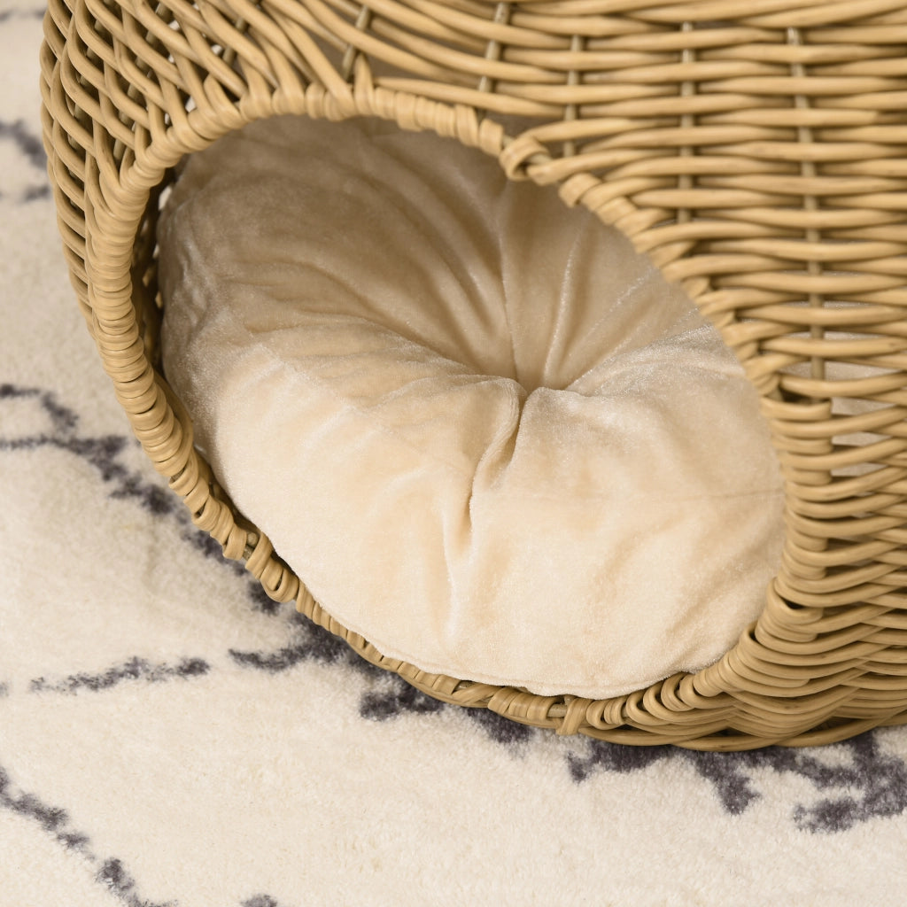 Cesta per Gatti a 2 Livelli ¨C zephmum ¨C Resina Effetto Rattan con Cuscino Marrone Chiaro ?40x30cm