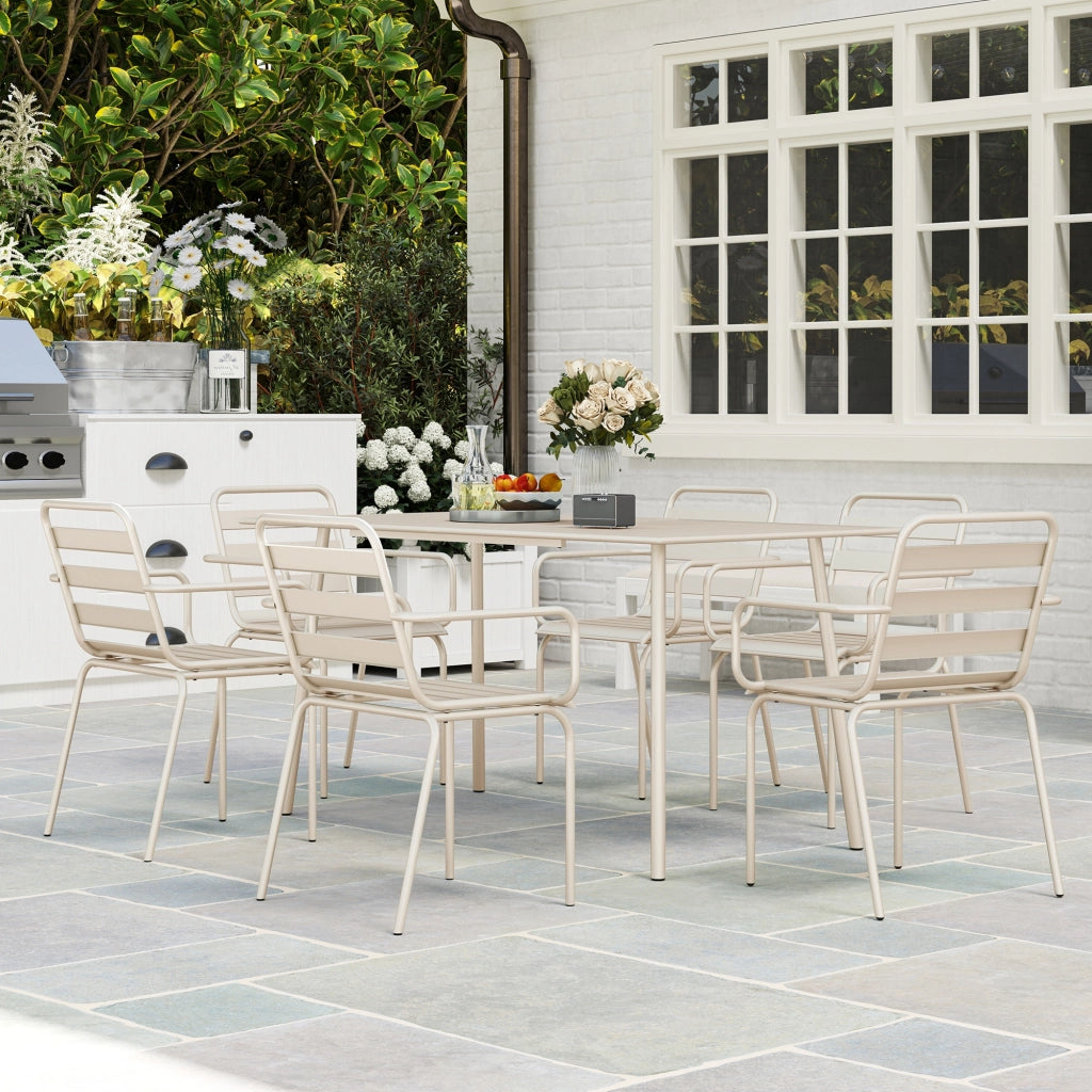 Set da giardino 7 pezzi con tavolo e 6 sedie impilabili in acciaio beige ¨C zephmum ¨C beige