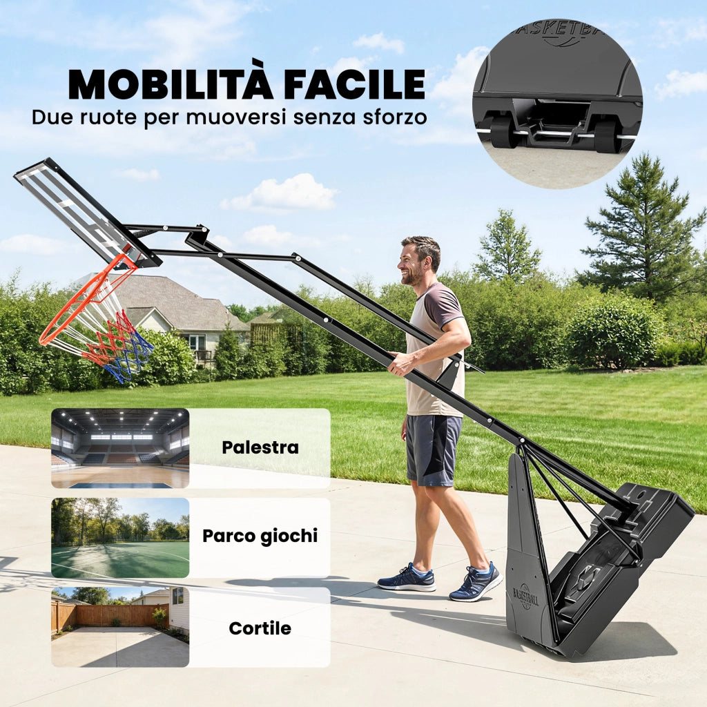 Canestro da Basket per Esterni con Base Riempibile, in Acciaio, PE e PC, 120x120x245-305 cm