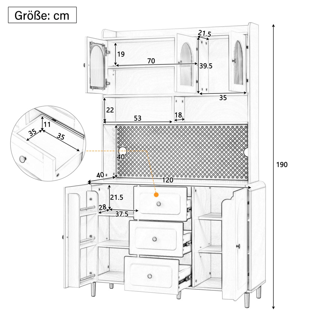 Credenza alta con pannello forato e 3 cassetti, mobile contenitore per cucina e sala da pranzo, nero 120 × 40 × 190 cm