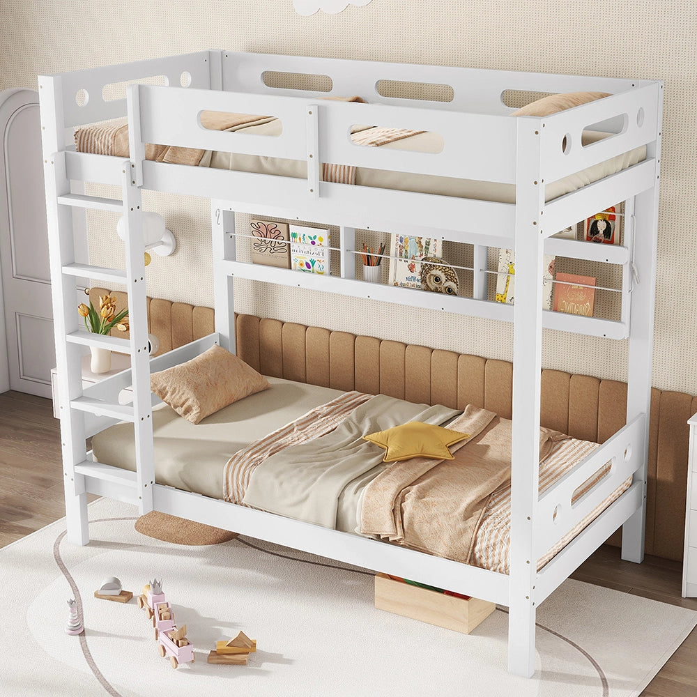 Letto a Castello Bambini – Xylo – 90x200cm, Barriera Sicurezza, Scaffale Aperto, Scala 5 Gradini, Grande Ripostiglio