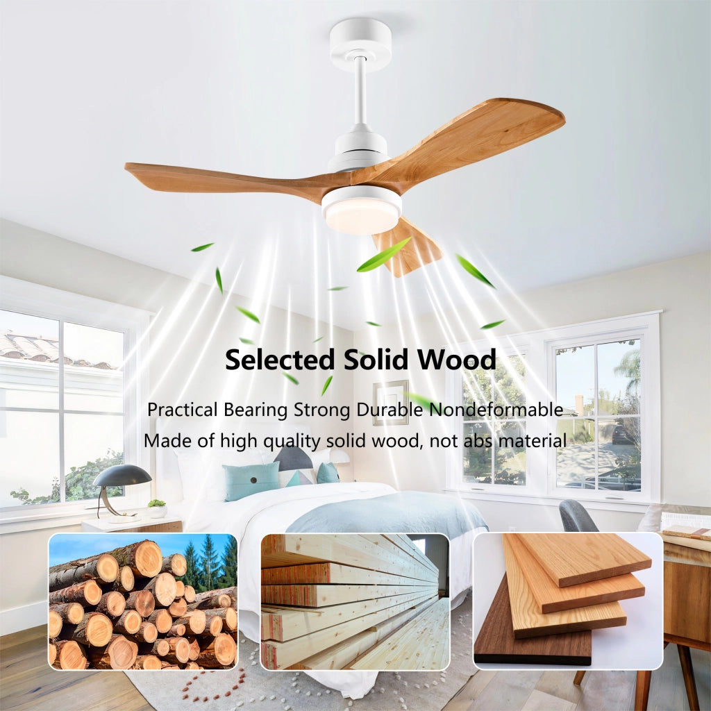 Ventilatore da soffitto con luce a 3 pale in legno e telecomando bianco e naturale per interni ed esterni coperti