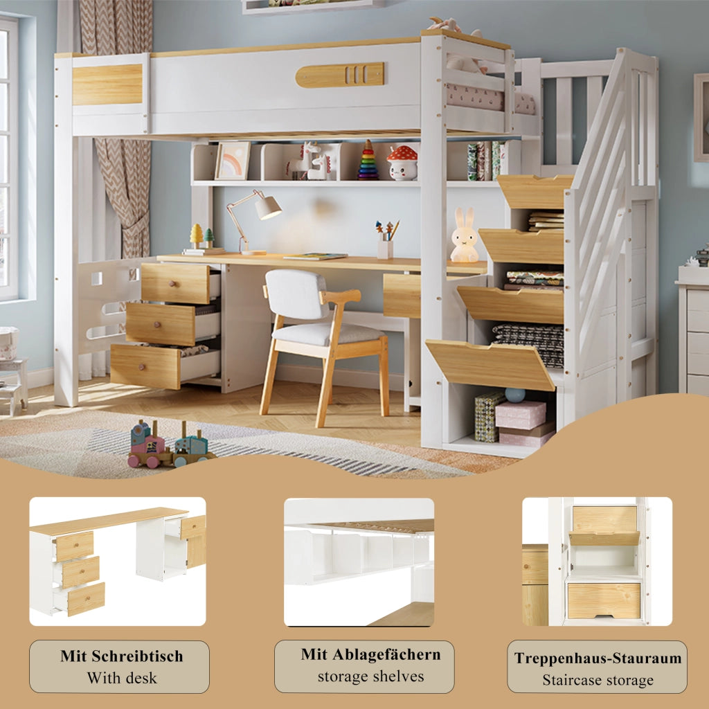 Letto a soppalco singolo 90 × 200 cm con scrivania, cassetti, ripiani e scala contenitore, senza materasso, bianco naturale
