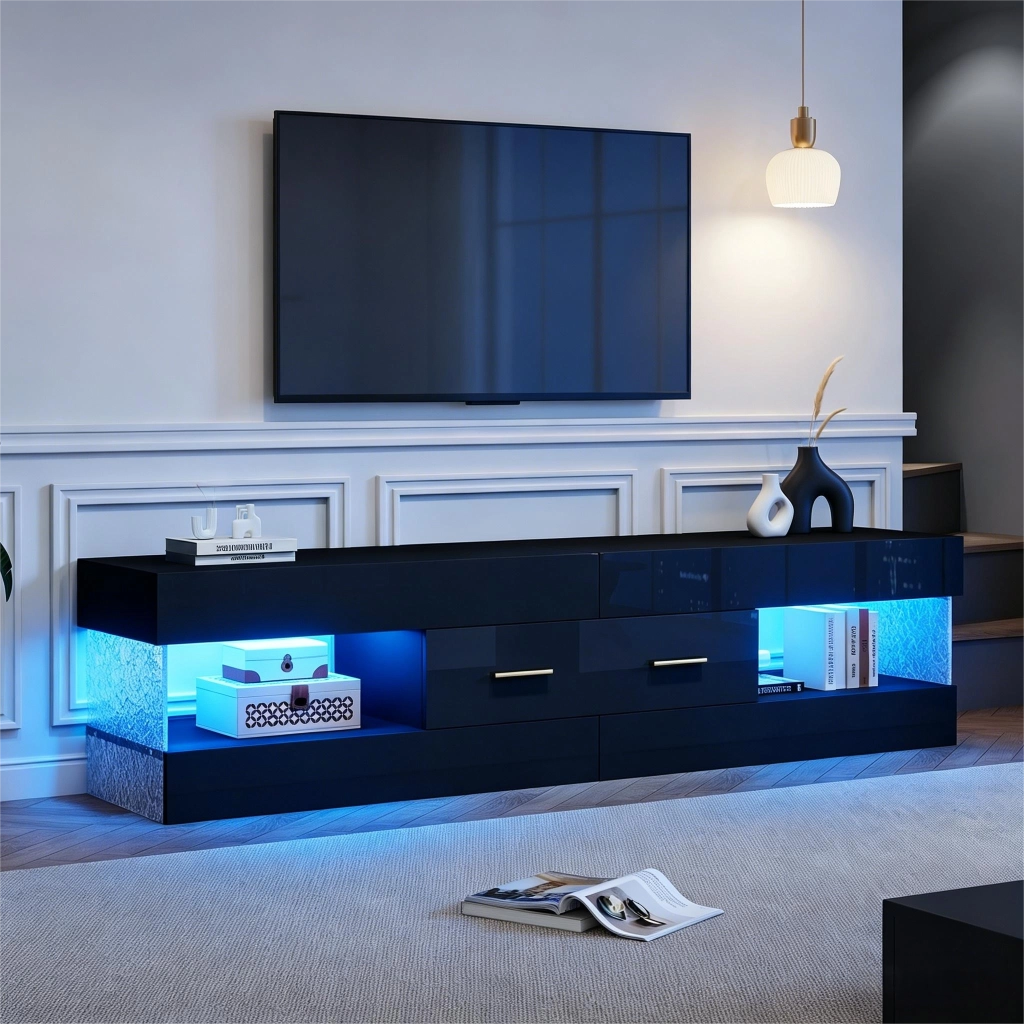Mobile porta TV con LED, 2 cassetti e 4 vani, in pannello truciolare e acrilico nero, 152 × 35 × 40 cm