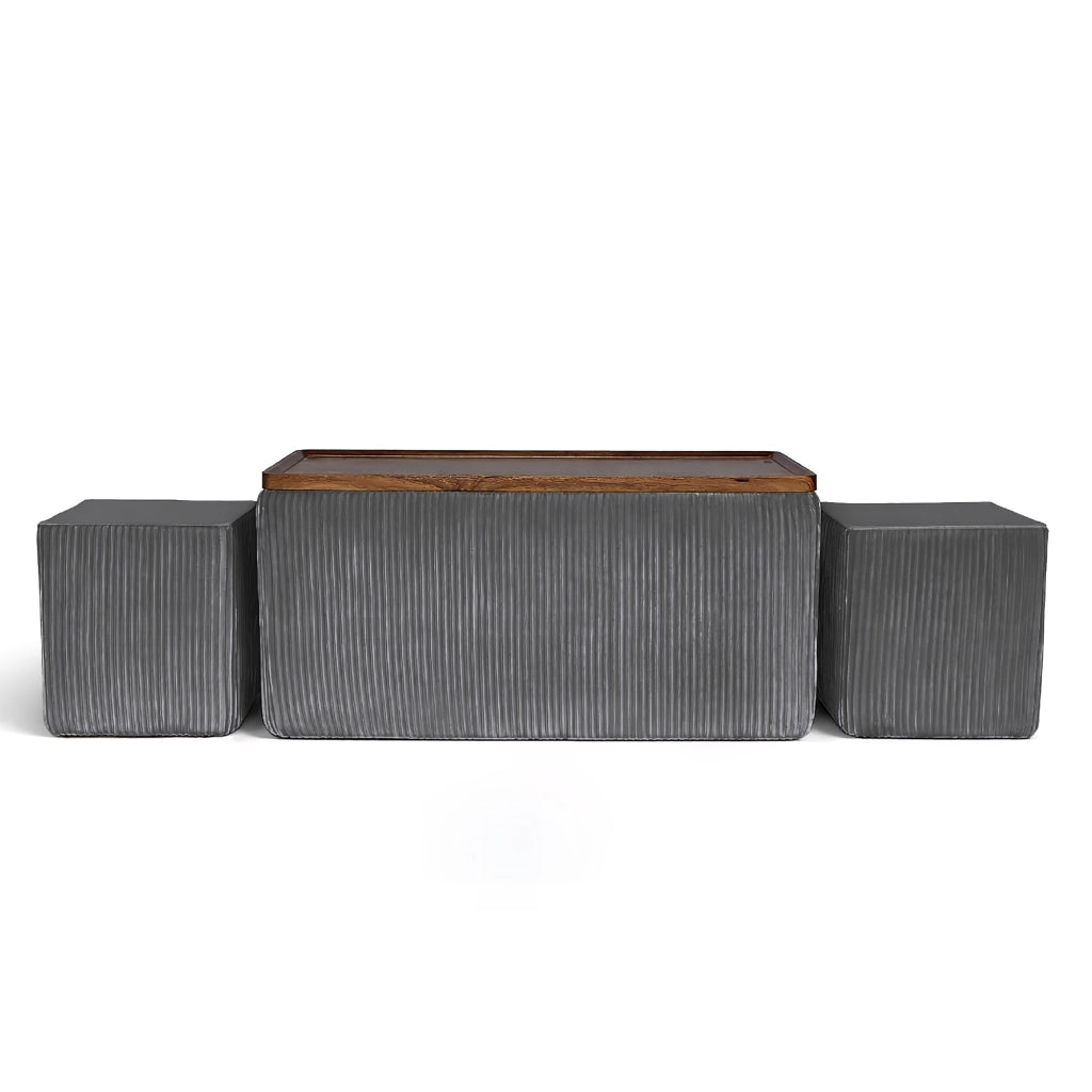 Set 3 Pouf Contenitore Quadrati con Tavolino Rettangolare da Salotto in Velluto e Coperchio in Legno, 2 Pouf Interni Salvaspazio, Tavolino Contenitore Moderno,Poggiapiedi, Seduta Imbottita Grigio Scuro