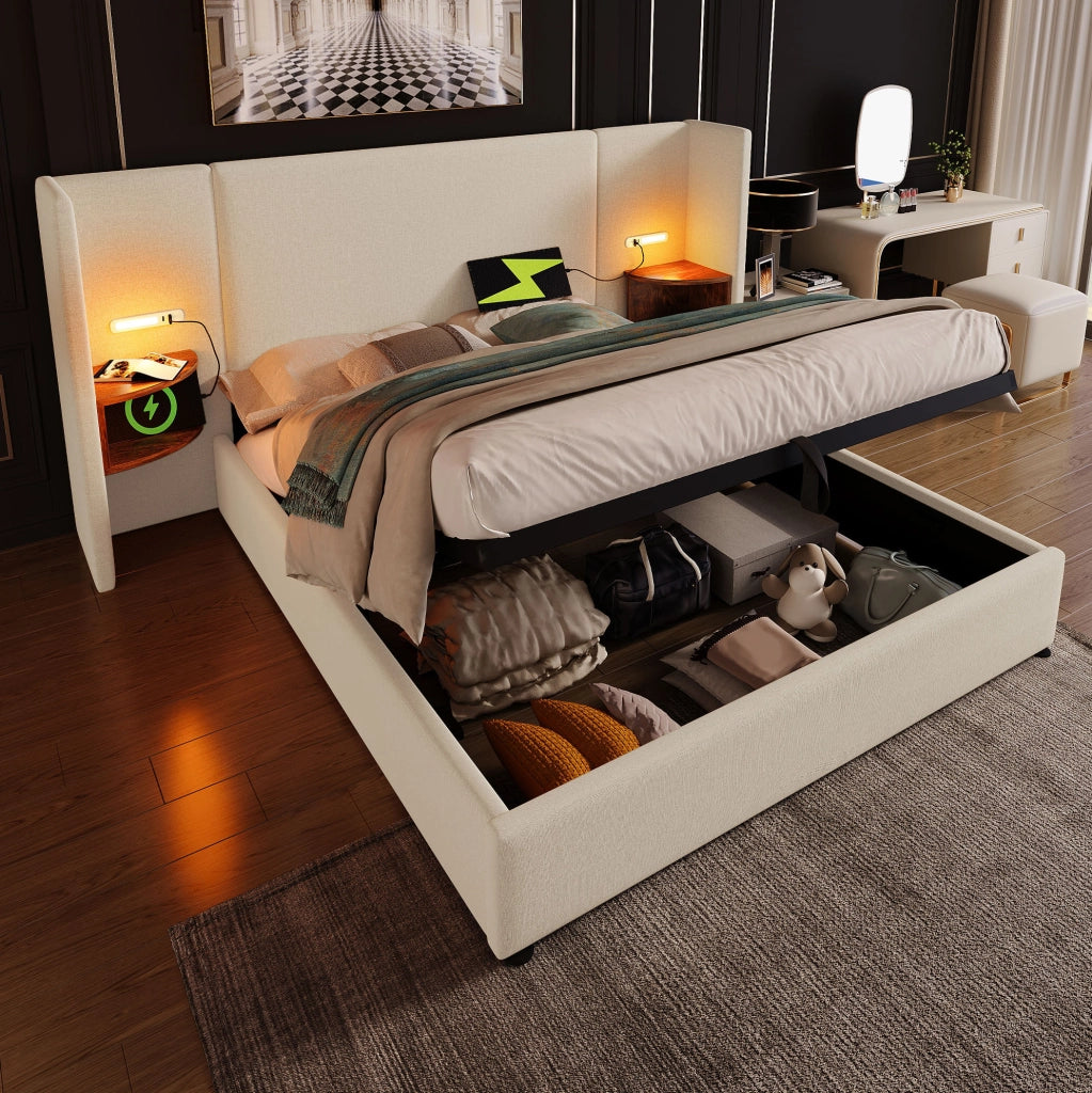 Letto contenitore 160x200 cm beige con USB e luce da lettura