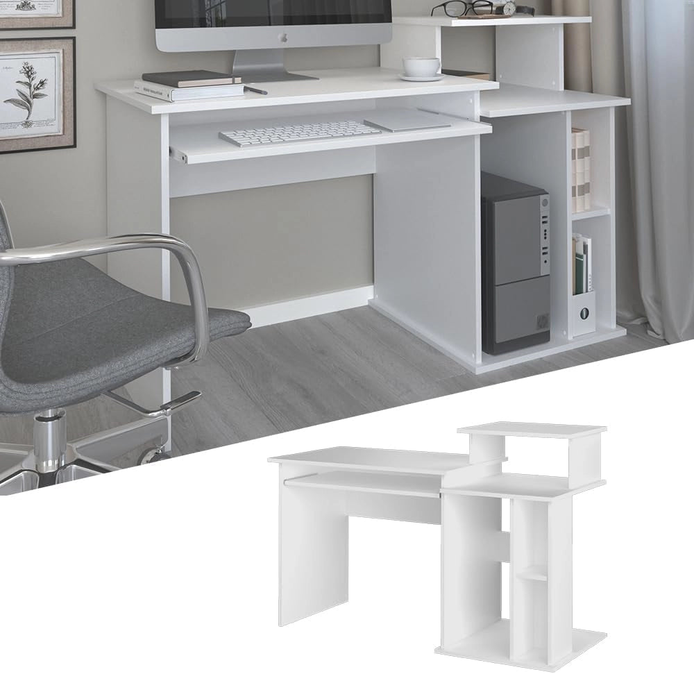 Scrivania con ripiani Jan, Bianco, 130 x 55 cm, con sovrastruttura e ripiano estraibile per tastiera