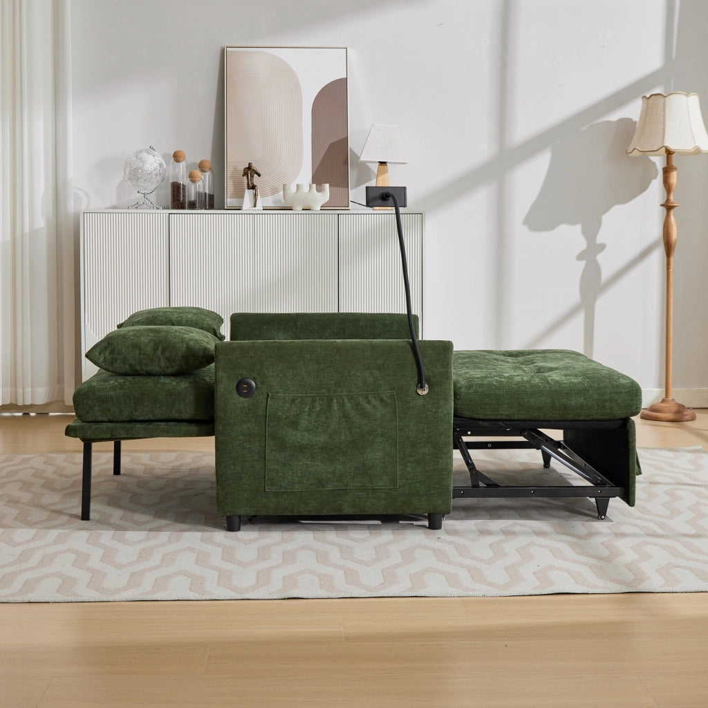 Divano letto moderno con porta USB e supporto tablet in tessuto di lino spazzolato verde 109 × 72 × 83,5 cm