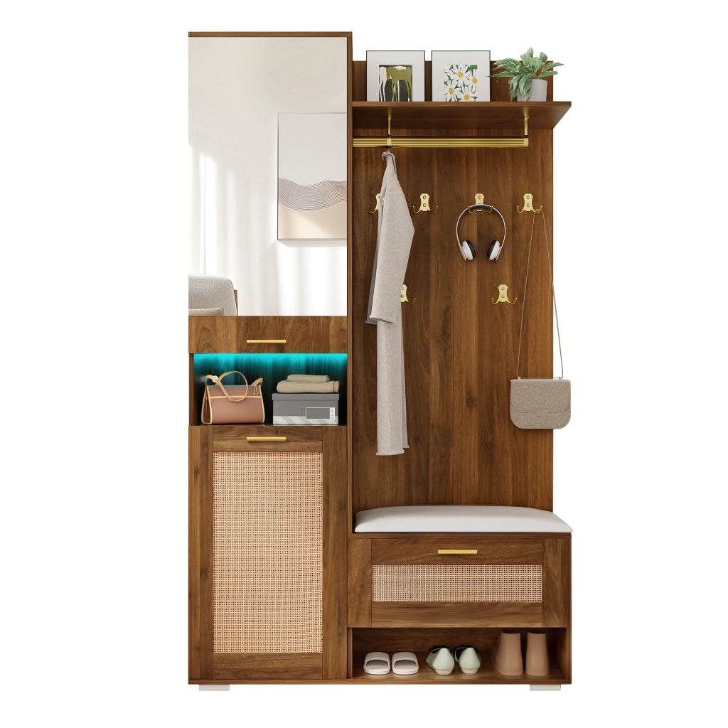 Set Ingresso con Specchio, Appendiabiti, Scarpiera, Panca e LED ¨C MINIMAL ¨C 6 Ganci, Bianco