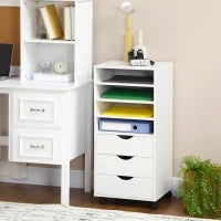 Cassettiera da Ufficio con 4 Ruote 4 Ripiani 3 Cassetti, Legno Bianco