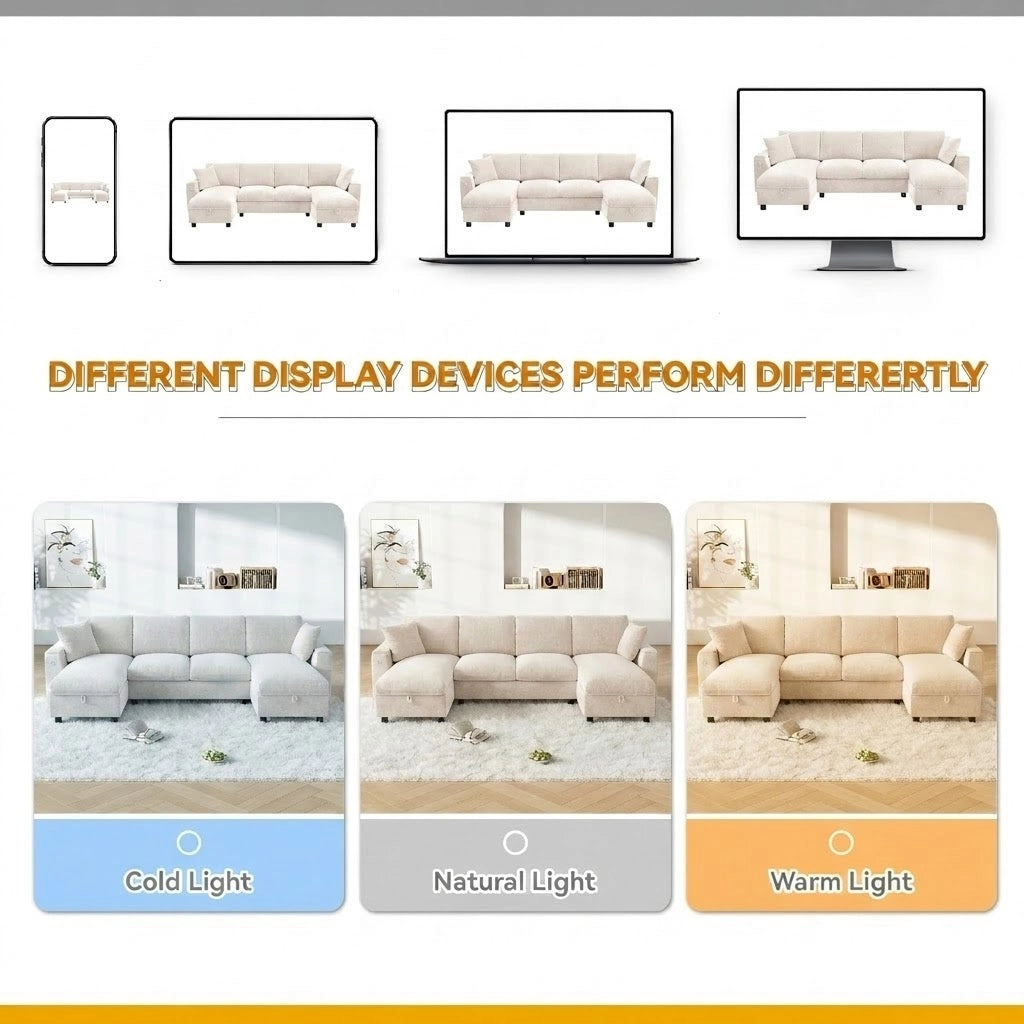 Divano a U con chaise longue e contenitore, porte USB e Type-C, in ciniglia beige, 279 × 135 × 84 cm