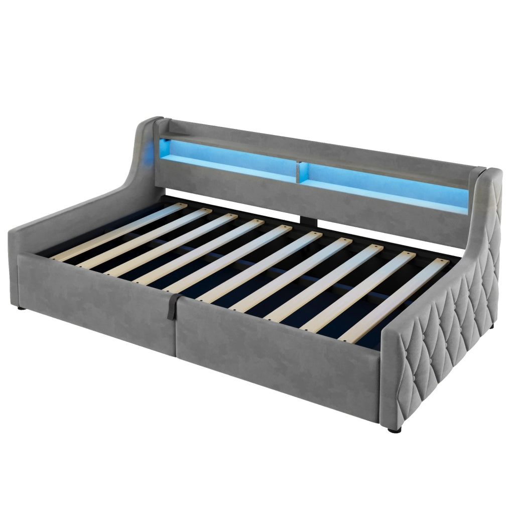 LETTO Imbottito 90x200 cm Grigio con Contenitore Idraulico e LED