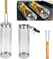Due grill mandolini rotanti in acciaio inossidabile, nidificanti, 30 x 9,5 cm, con manico in legno, grill mandolino cilindrico per cena, picnic, campeggio, griglia