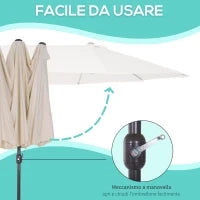Ombrellone Doppio da Giardino 4.6x2.7 m a 12 Stecche con Prese d'Aria e Manovella, Ombrellone per Esterni in Acciaio e Poliestere, Anti UV, Beige