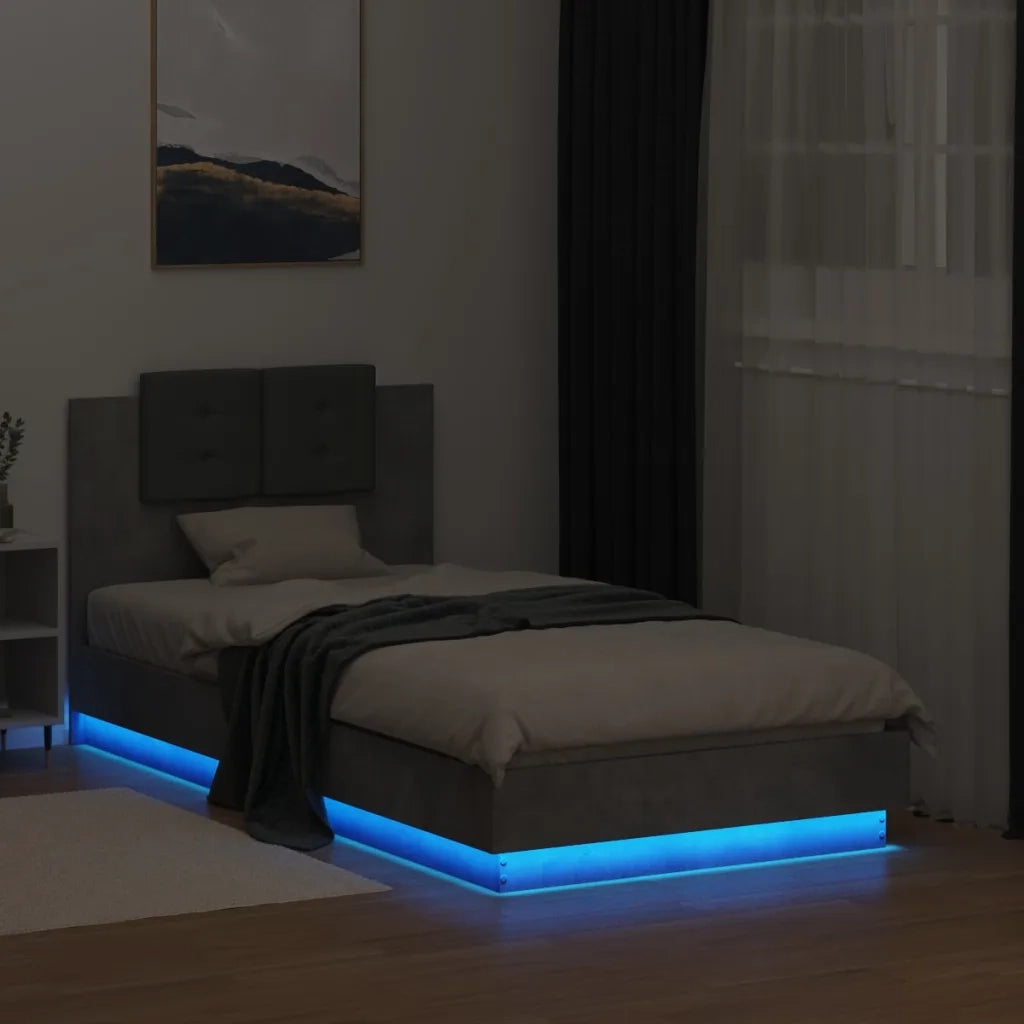 Letto singolo | Letto per adulti | Giroletto con Testiera e LED Grigio Cemento 75x190 cm