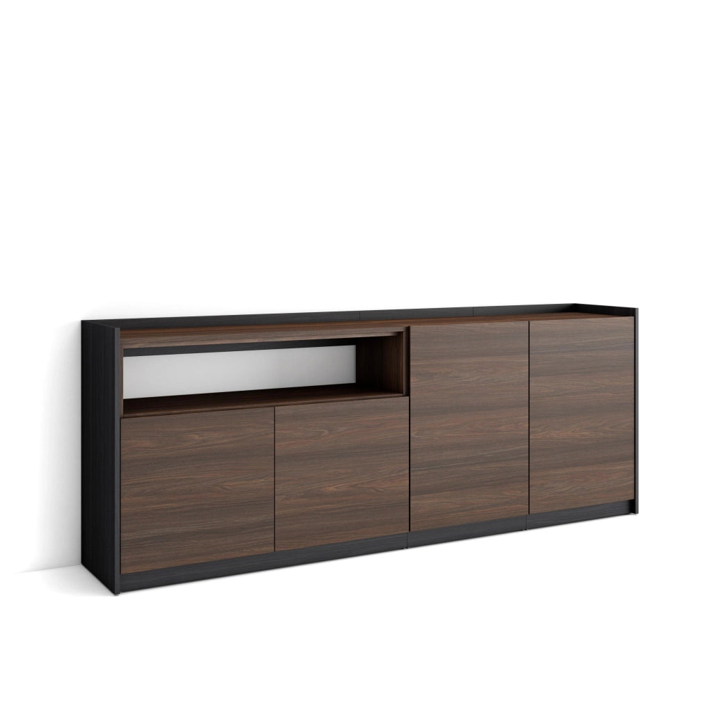 Credenza, Mobile, Cucina, 207x80x37 cm, 4 Porte, grande stoccaggio, Rovere scuro e Nero