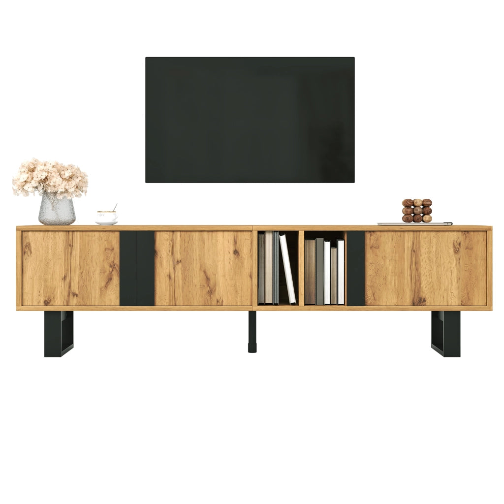 Mobile TV con 3 ante; 2 vani aperti e passacavi; per soggiorno; in legno naturale; 160 × 40 × 50 cm