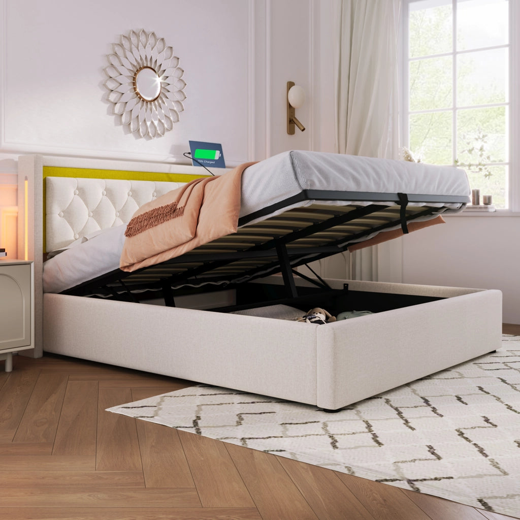 LETTO imbottito 140x200 cm Beige con LED, USB+Type C e materasso incluso
