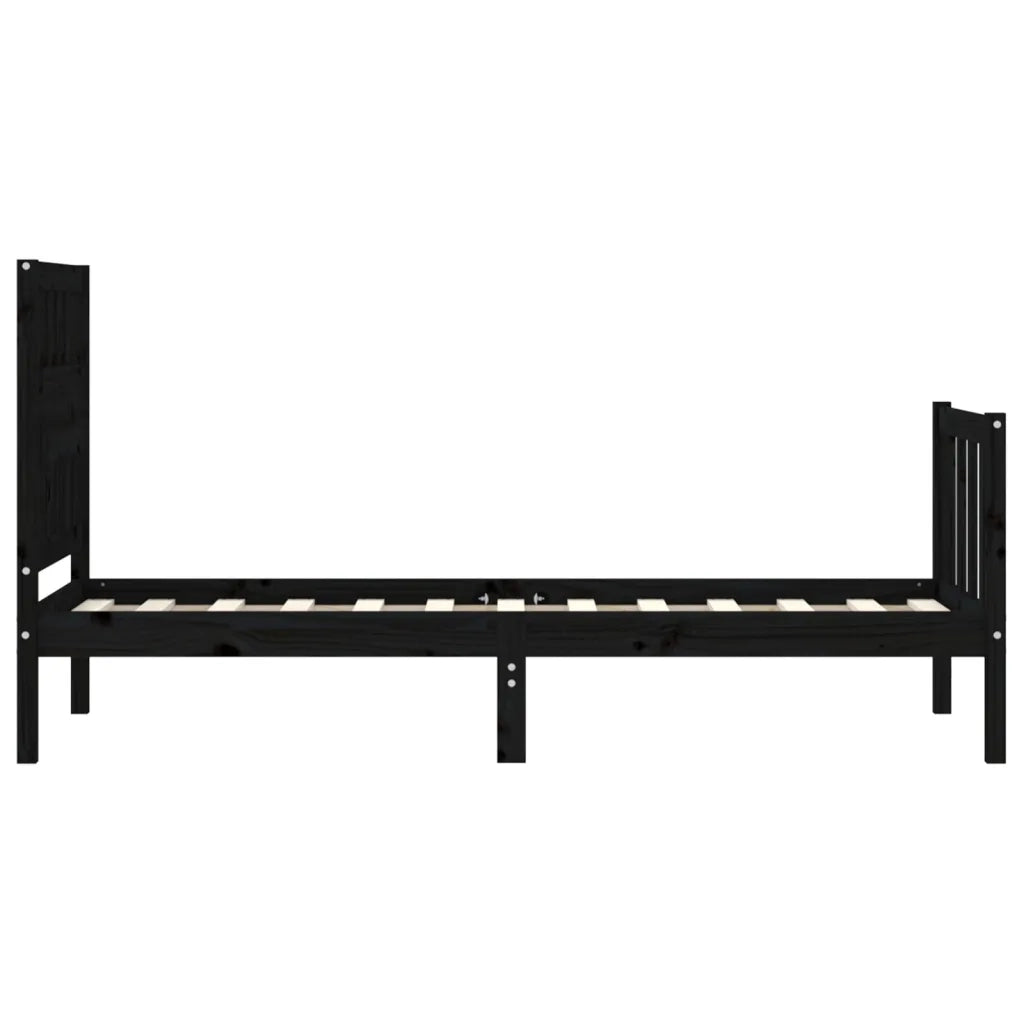 Letto singolo | Letto per adulti | Giroletto con Testiera Nero Small Single in Legno Massello