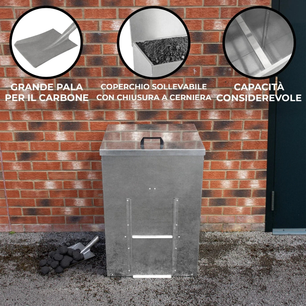 Bidone per il carbone - legna 150 kg in acciaio zincato Metallo antiruggine e anti roditore Porta legna
