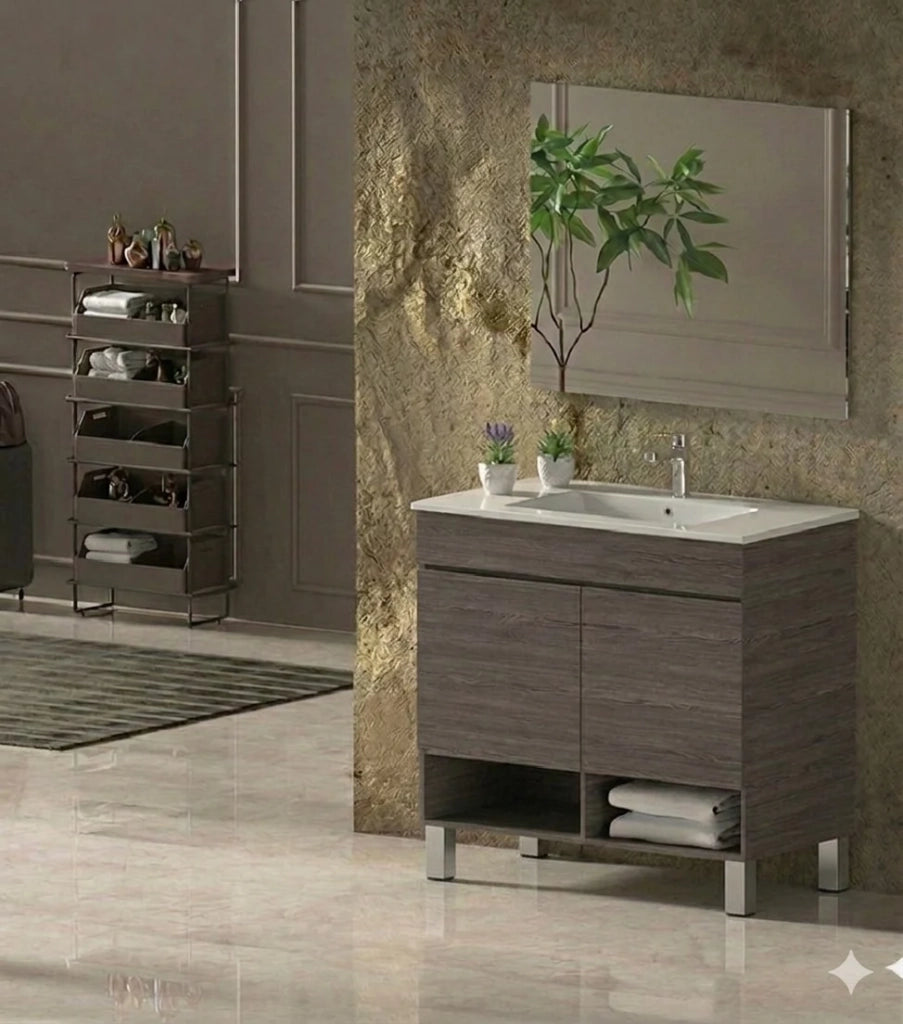 Mobile Bagno NEBARI com gambe Già Montato 2 portas, lavabo e specchio Rovere affumicato 100x40 cm