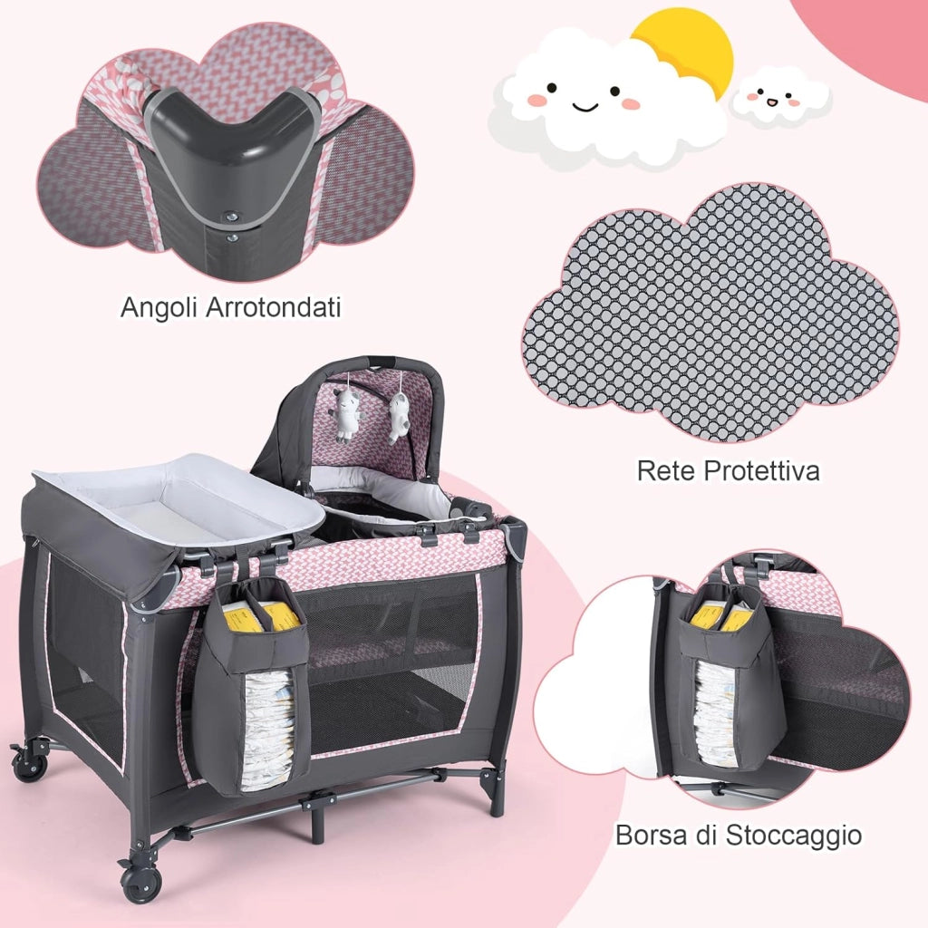 Culla Campeggio Bambini 5 in 1, Lettino Viaggio Neonati Pieghevole con Materasso, Fasciatoio e Tettoia, Box Portatile con Ruote, 2 Giocattoli Appesi e Carillon, per Bambini 0-3 Anni (Rosa)