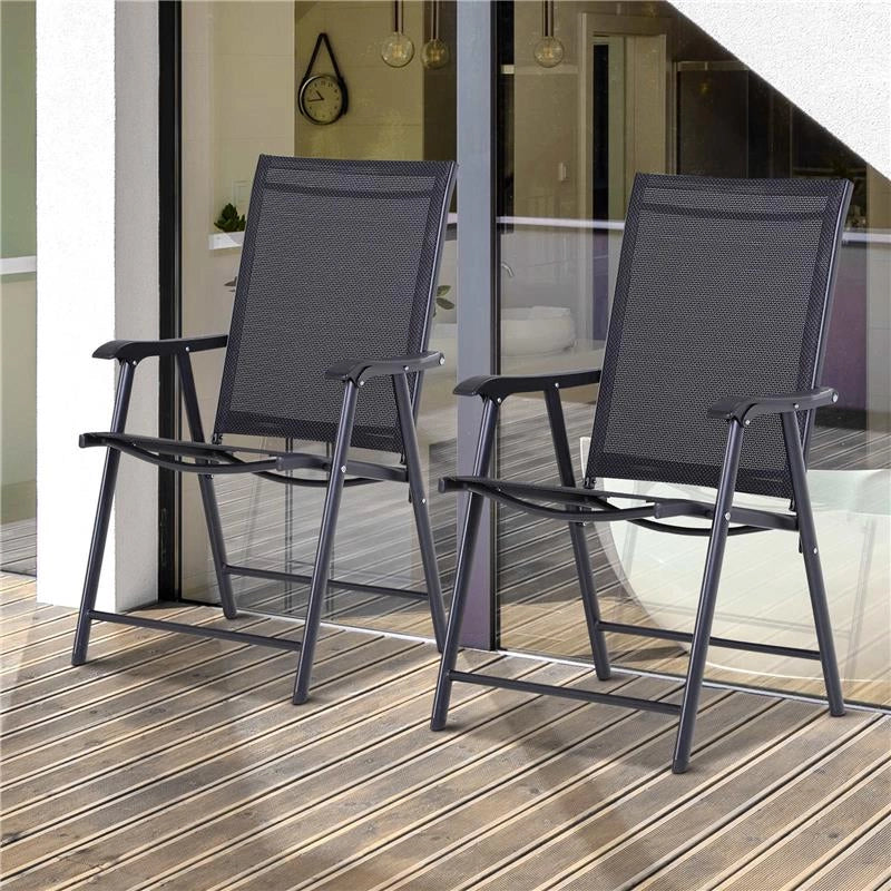 SET 2 SEDIE DA GIARDINO PIEGHEVOLI CON BRACCIOLI IN METALLO E TEXTELINE, 58X64X94CM, NERO
