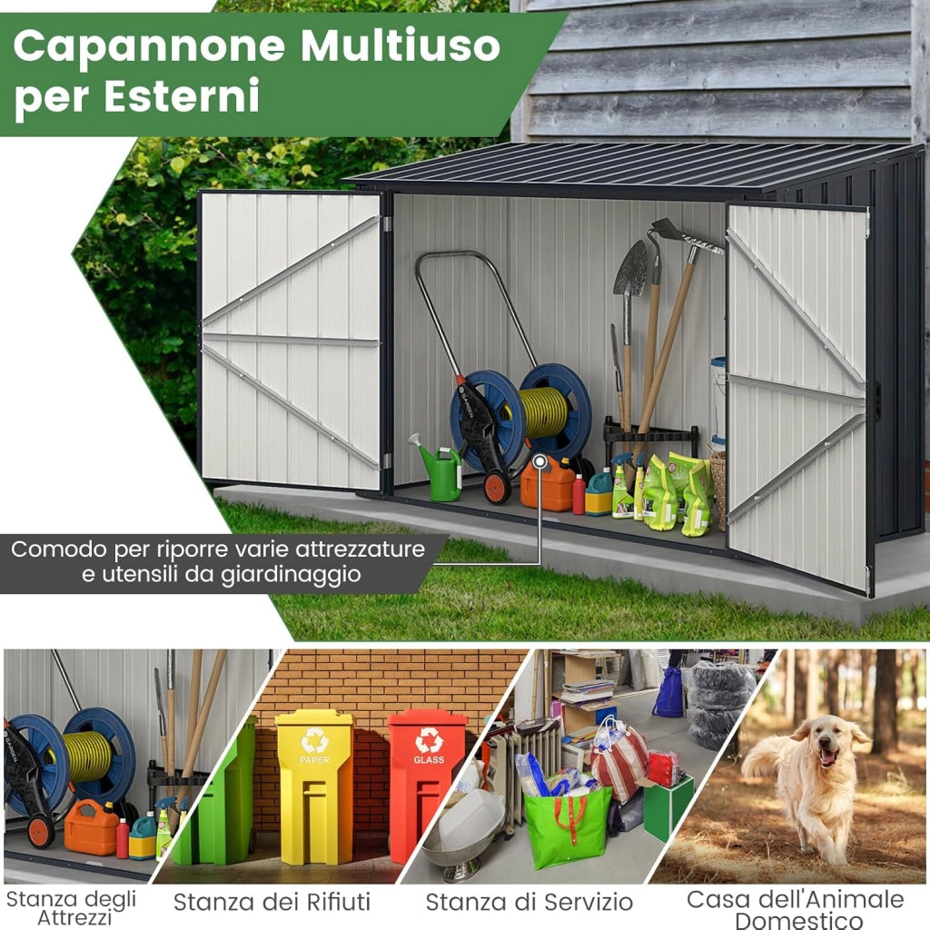 Copribidone Spazzatura Esterno Doppio, Casetta Porta Attrezzi da Giardino in Metallo Zincato con Porta Bloccabile, Tetto Apribile e Struttura a Scatto