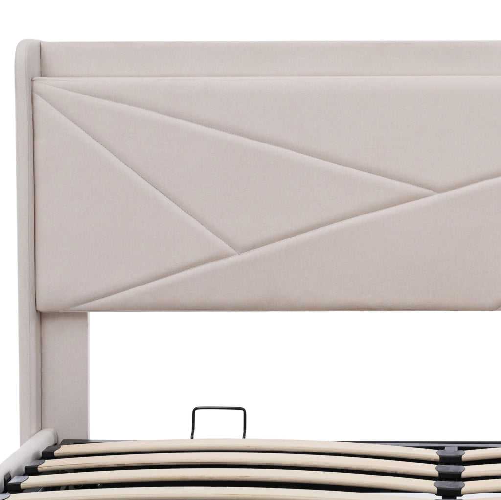 Letto matrimoniale con contenitore 180x200 cm in cotone e lino beige; con USB e Type-C