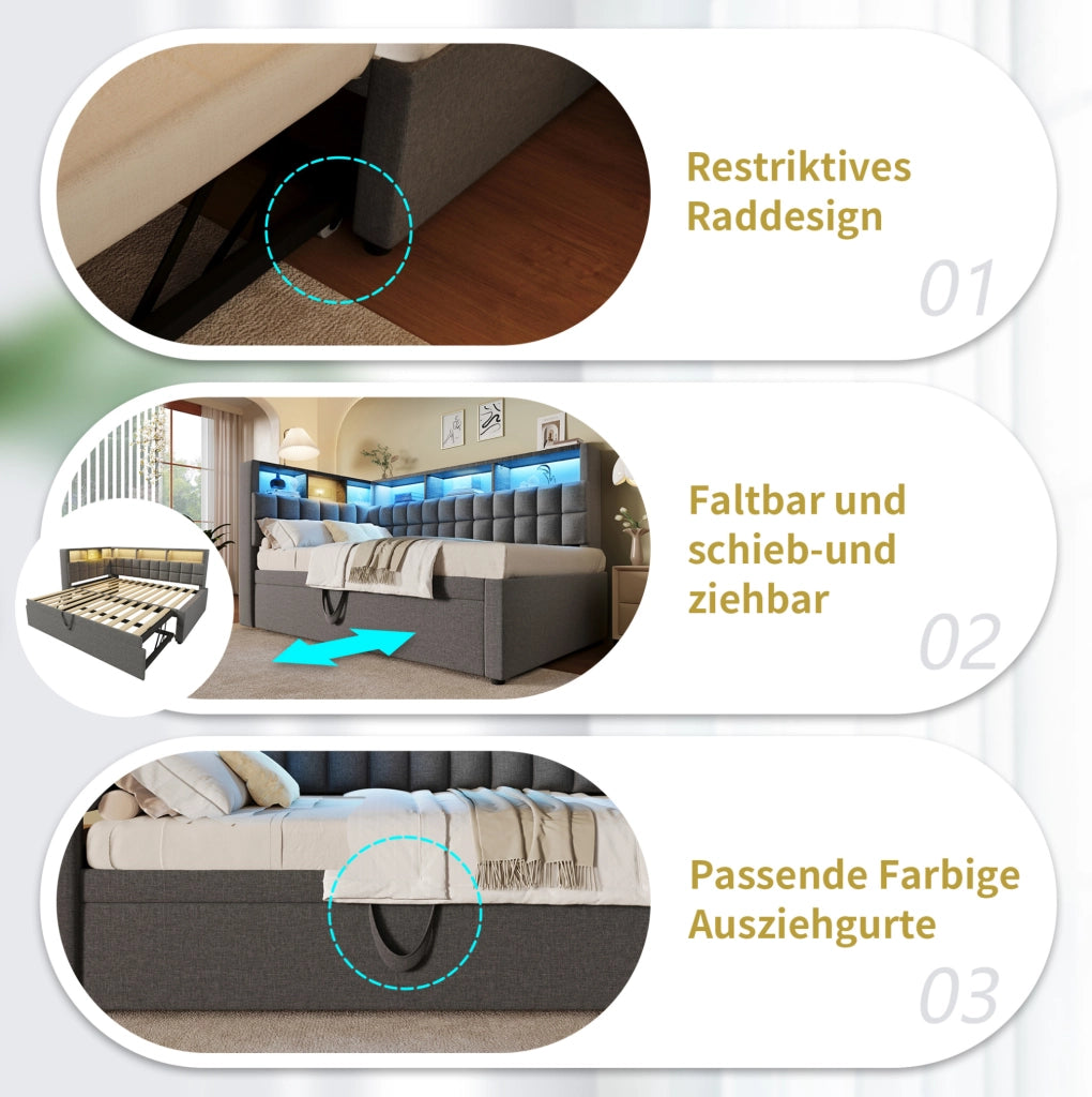 Letto singolo estraibile 90x200 con LED, USB-C e Bluetooth