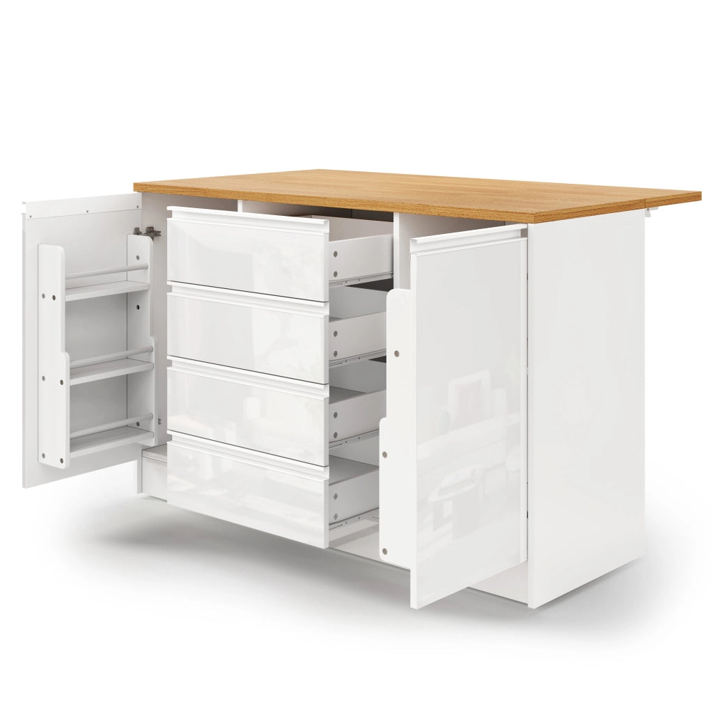 Isola Cucina con Piano Allungabile ¨C MINIMAL ¨C Bianco, 4 Cassetti, 2 Ante, 140 cm