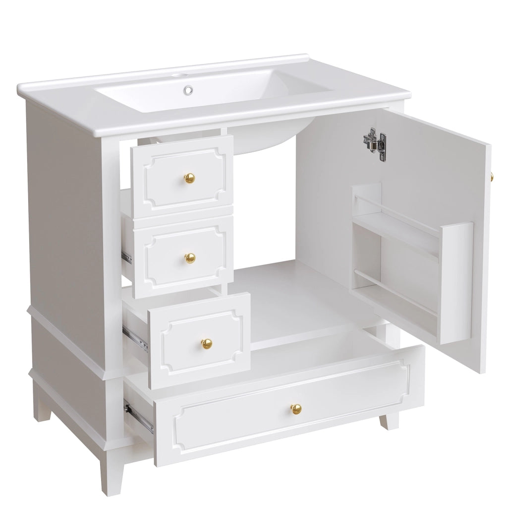 Mobile lavabo bagno 76,5 cm con lavabo in ceramica e maniglie oro