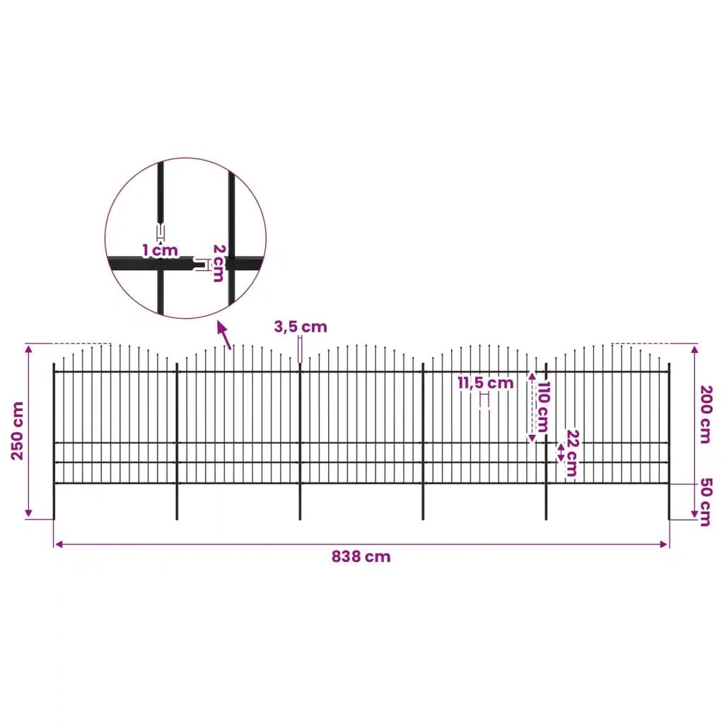Recinzione da Giardino con Punta a Lancia in Acciaio 838x200 cm Nero 277752