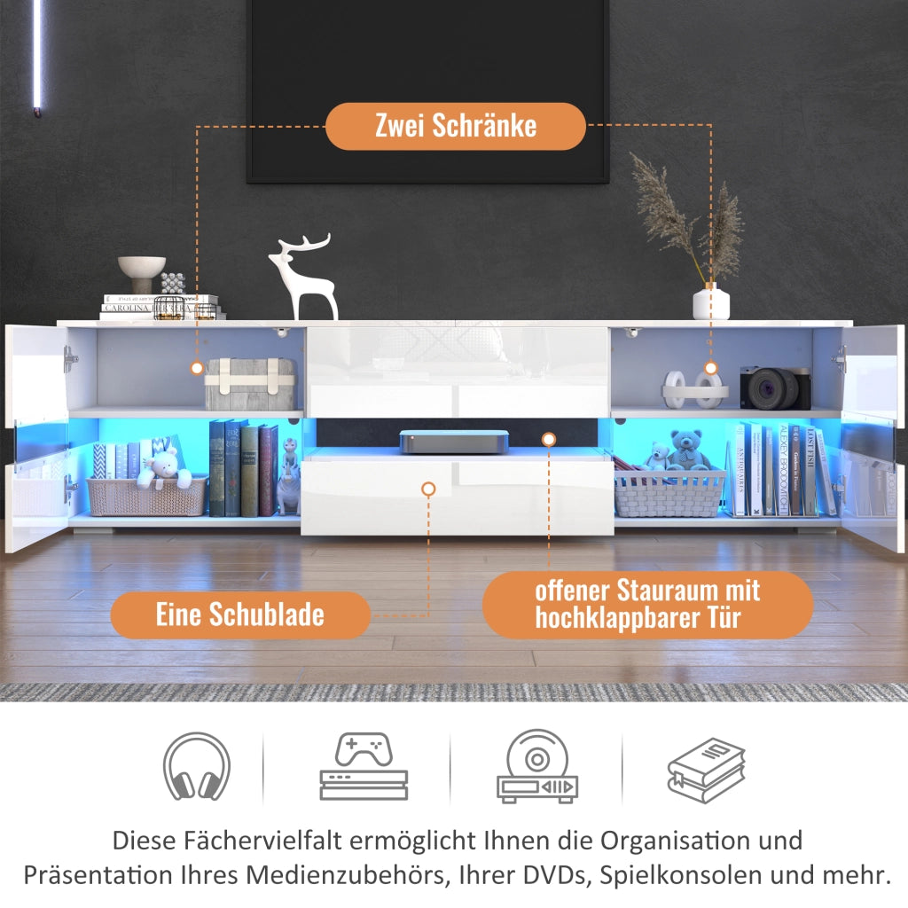 Mobile porta TV con LED 2 ante 1 cassetto e vano aperto per soggiorno in truciolare bianco lucido 160 × 39 × 45 cm