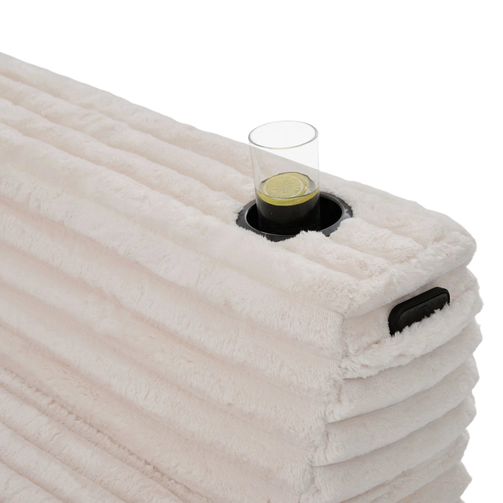 Divano modulare a U con portabicchieri, tasca laterale e cuscini in tessuto cord beige 320 × 155 × 88 cm