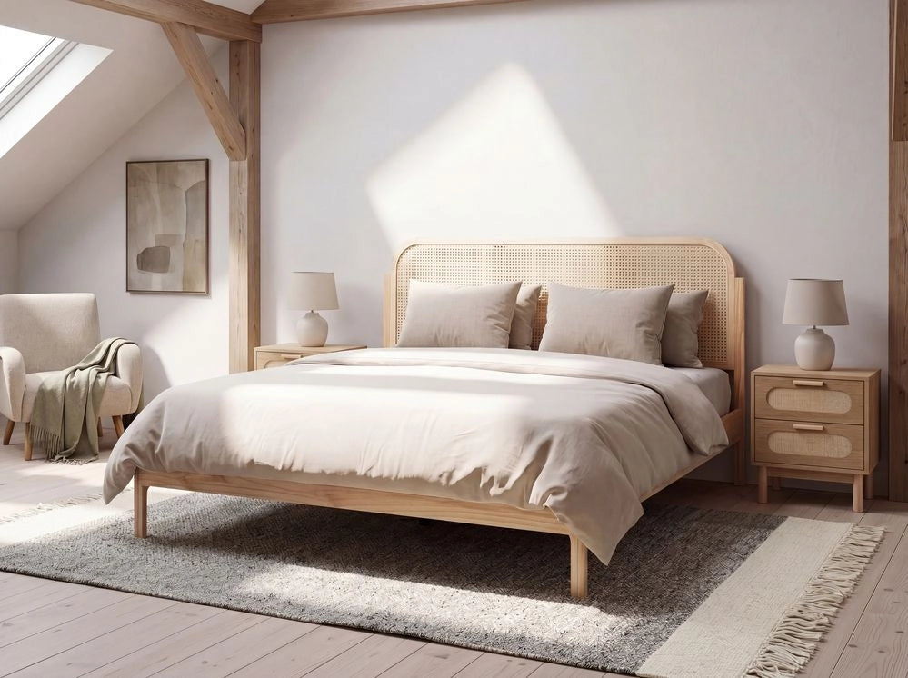 Letto matrimoniale con struttura in legno di pino e testiera in rattan sintetico 160x200 cm con doghe per camera da letto color marrone chiaro
