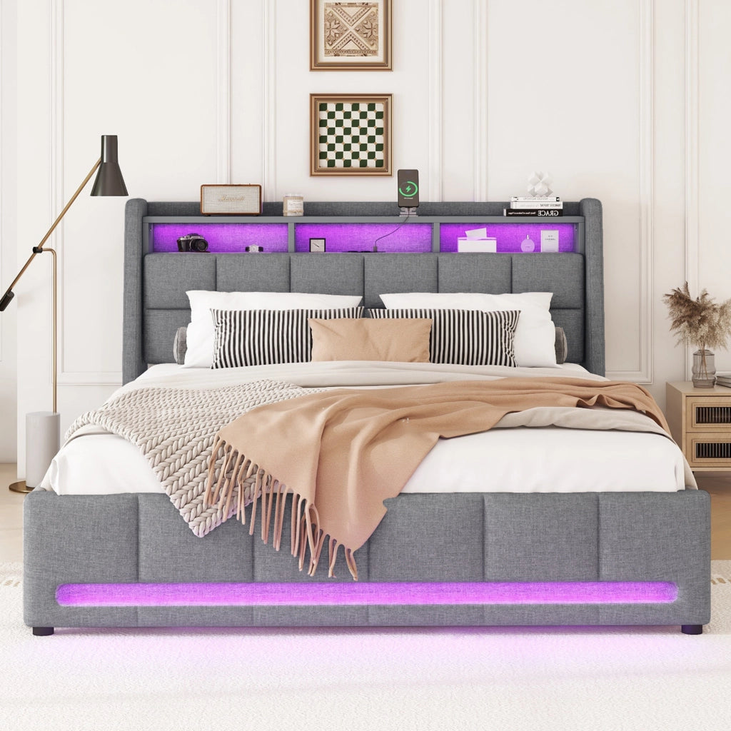 Letto imbottito 140x200 cm con LED, USB, vani e 2 cassetti grigio