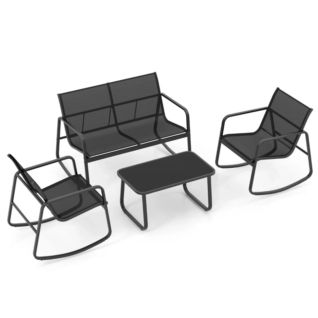 Set di 4 mobili da giardino in metallo e textilene con tavolino e sedie a dondolo 72 x 61 x 80 cm che creano un'atmosfera accogliente e rilassante in metallo nero 20_0009947