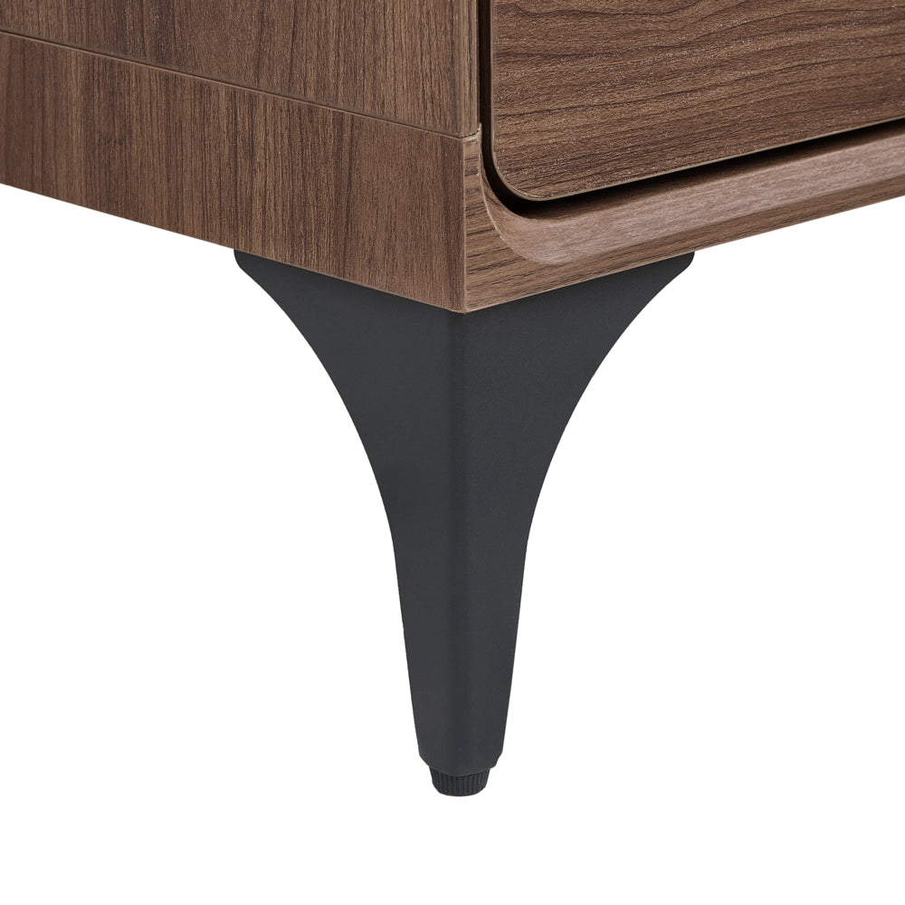Comodino marrone scuro in MDF con 2 cassetti e gambe in ferro dal design moderno per camera da letto